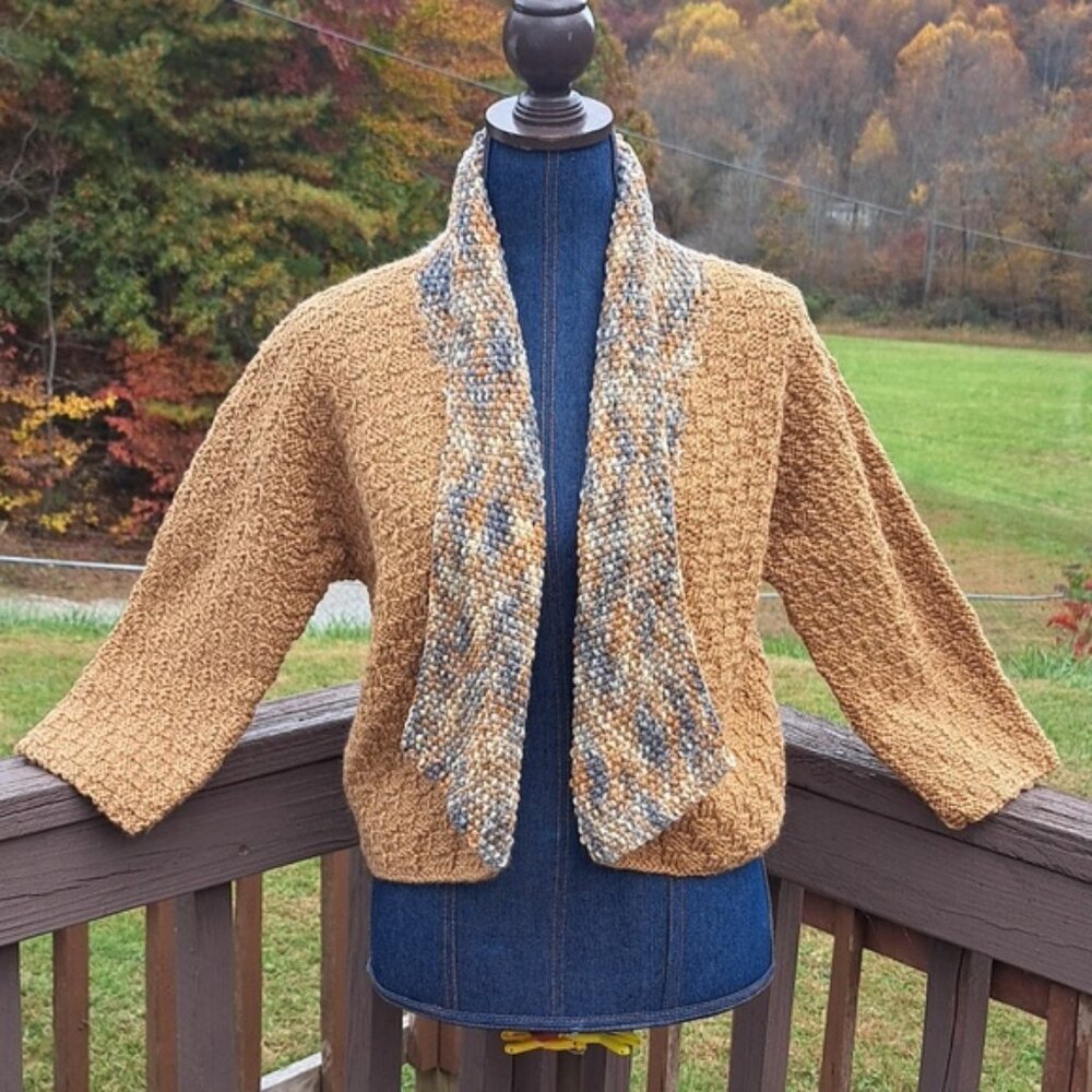 Hand Crafted Chunky Knit Cropped Sweater Brown Kimono Cardigan Boho Chic - Picture 3 of 12